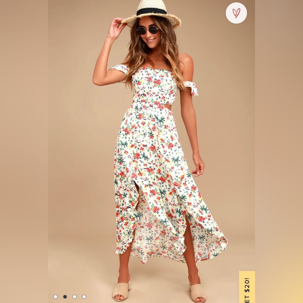 Easy on the Eyes Cream Floral Print Off-the-Shoulder Maxi Dress